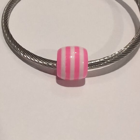 Pink and White Striped Charm for Pandora Style Bracelet - Picture 2 of 4